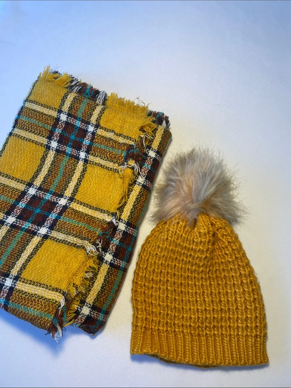 🔥 Mustard Plaid Blanket Scarf + Faux Fur Pom Beanie Set